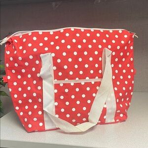 Red and white tote bag